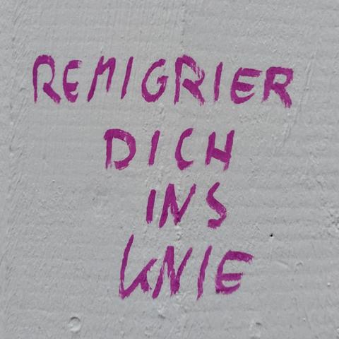 An einer Wand steht in Großbuchstaben "REMIGRIER DICH INS KNIE".