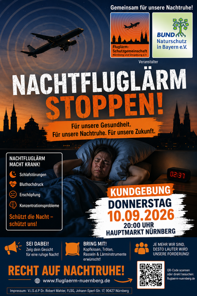 Demoplakat von fluglaerm-nuernberg.de:
"Nachtfluglärm stoppen! Für unsere Gesundheit. Für unsere Nachtruhe. Für unsere Zukunft. Kundgebung Donnerstag 10.09.2026 Hauptmarkt Nürnberg", mit weiteren Hinweisen, z. B. Kopfkissen, Tröten und Rasseln mitzubringen